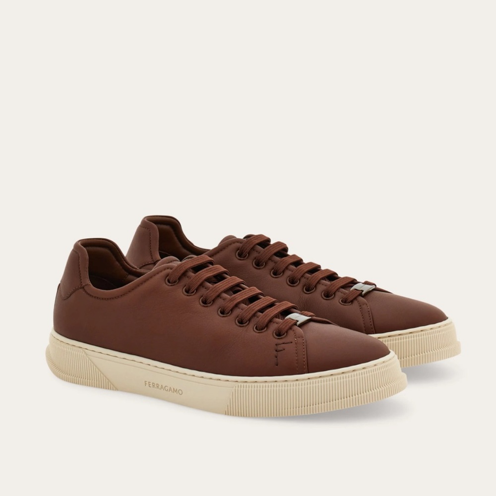 Salvatore Ferragamo Brown and Cream Leather Sneakers